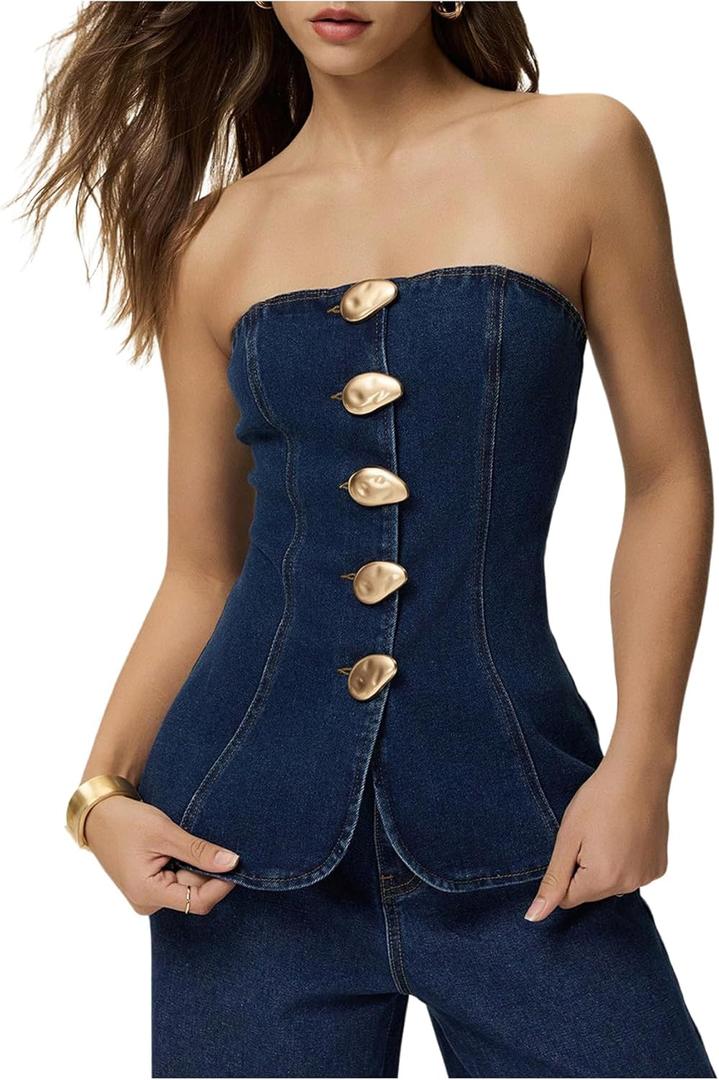 Milumia Women's Metal Button Front Denim Tube Top Elegant Sleeveless Bandeau Tops (Large) Milumia Women's Metal Button Front Denim Tube Top Elegant Sleeveless Bandeau Tops (Large)