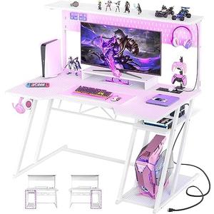 Gaming Computer Desk with Power Outlets, Gaming Desk with Hutch and LED Lights, Reversible PC Gaming Desk with Pegboard, Carbon Fiber White, 47"