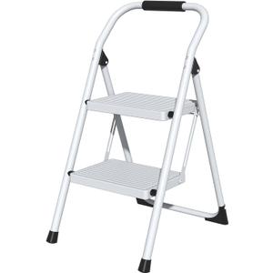 2 Step Ladder for Kitchen Step Stool, Lightweight Folding Step Stool with Curved Safety Handrail, Auto-Lock Mechanism & Non-Slip Wide Pedals, Slim 2 Step Ladder Foldable for Home IndoorWhite, 16"W x 33.4"H
