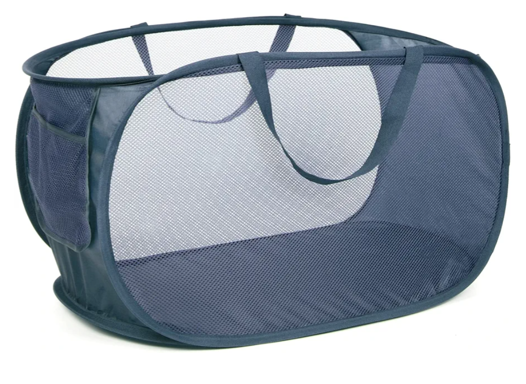 Durable Collapsible Laundry Baskets, Mesh Pop Up Laundry Hamper with Side Pocket, Foldable Clothes Storage Hamper with Reinforced Carry Handles for Laundry, Bathroom, Kids Room, Dorm or Travel Navy