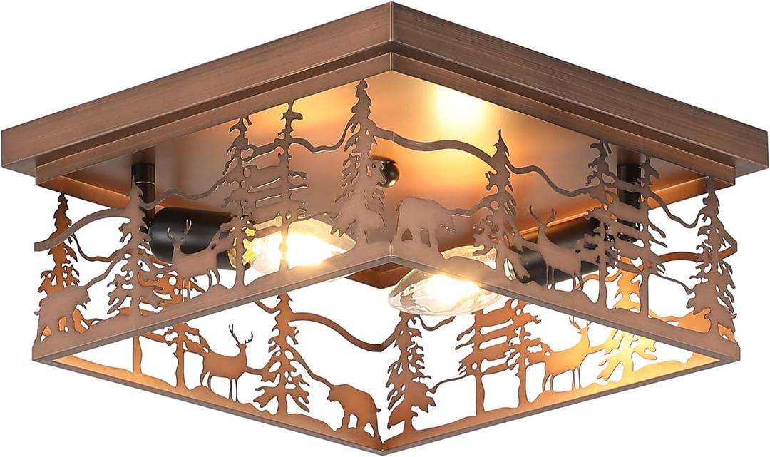 11" Rustic Farmhouse Flush Mount Ceiling Light, 2-Light Metal Fixture with Deer & Bear Design, Square Vintage Industrial Metal Cage Light Perfect for Kitchen, Foyer, Bedroom (Bronze)