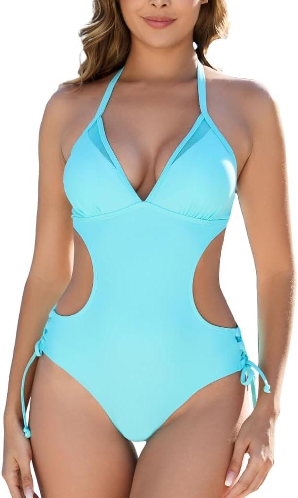 Women's Halter Cutout One Piece Swimsuit Mesh Monokini Bathing Suit, Size: X-Small