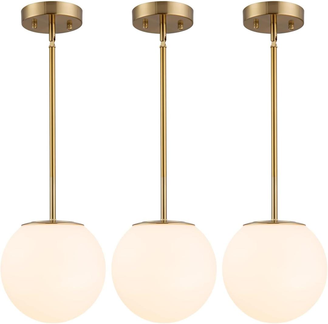 Modern Globe Pendant Light Mid Century Opal Glass Hanging Light Fixture Gold Finish, 3-Light Glass Pendant Lighting for Kitchen Island Dining Room Bedroom Hallway and Bathroom, Glass - 3-Pack