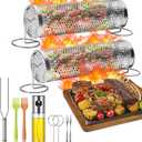 Rolling Grilling Baskets for Outdoor Grill BBQ Net Tube Stainless Steel Large Round Mesh Rotation Barbecue Cylinder Cage Cooking Accessories for Veggies Vegetable Fish Meat Food Camping