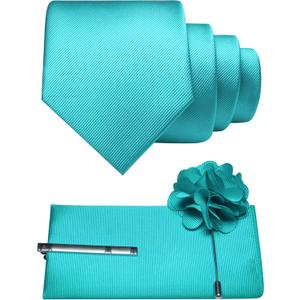 JEMYGINS Formal Necktie Solid Color Tie and Pocket Square with Tie Clip Lapel Pin Sets for Men 4PCS (Turquoise)