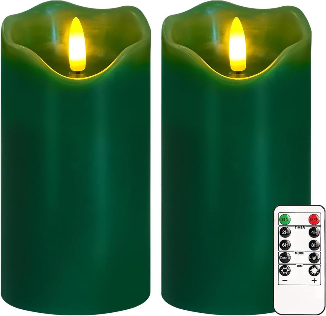 VEEKI Flameless Candles Light, Set of 2 6"x3" Flickering Christmas Flameless Candles with Remote & Timer, Dimmable Real Wax Pillar Candles Battery Operated, Green Candles for Home Xmas Decor (Green)