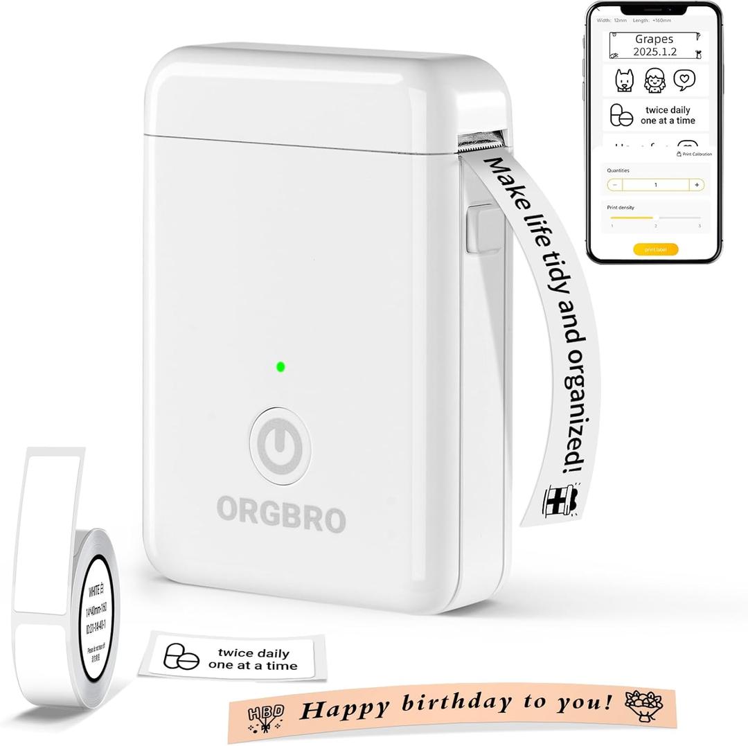 ORGBRO Label Maker Machine with Tape, X1 Portable Bluetooth Mini Label Printer, Support Pre-Cut & Continuous Label, Wireless Small Label Makers with Versatile App for School Home Office Organization (White)