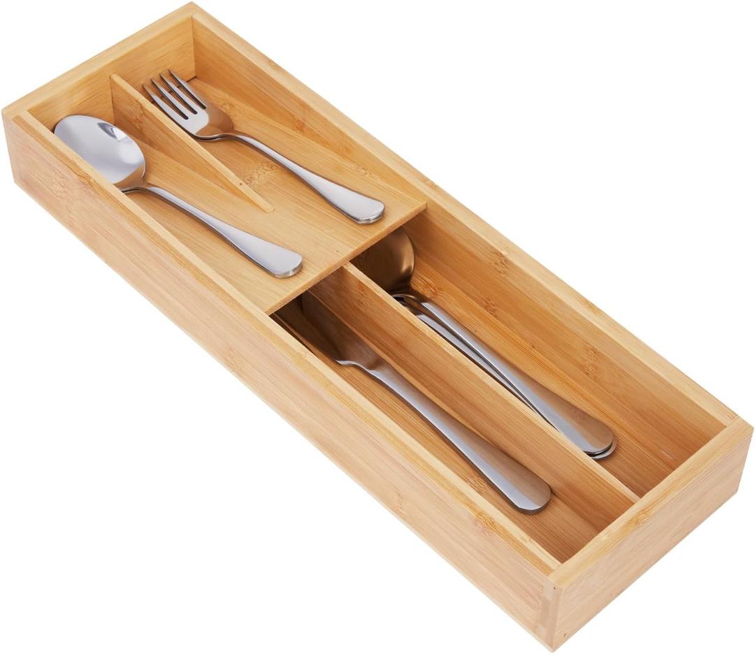 Bamboo Silverware Drawer Organizer, Kitchen Utensil Tray Holder Organizer, Drawer Storage Organization for Flatware, Cutlery, Spoon, Forks and Knives 4 Slots
