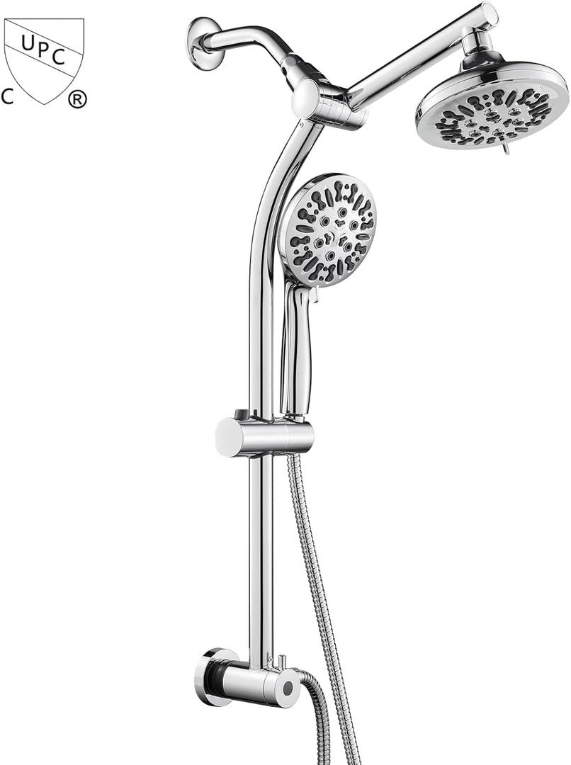 OUGOO Retrofit 2-Way Shower Head Combo, 8-Function Rainfall Shower Head with 9 Setting Handheld Shower Combo, Adjust Slide Bar and Shower Arm, 2.5 GPM, Drill-Free Shower System, Chorme
