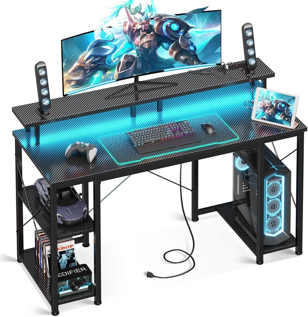 ODK 48 inch Computer Desk with Power Outlets & LED Lights, Gaming Desk with Monitor Stand & Storage Shelves, Home Office Desk, Carbon Fiber Black