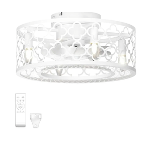 Coolbull White Caged Ceiling Fans with Lights and Remote Outdoor Enclosed Bladeless 18 Inch Low Profile Flush Mount Fixture Small Fandelier LED Ceiling Fan Light for Kitchen Farmhouse Bedroom