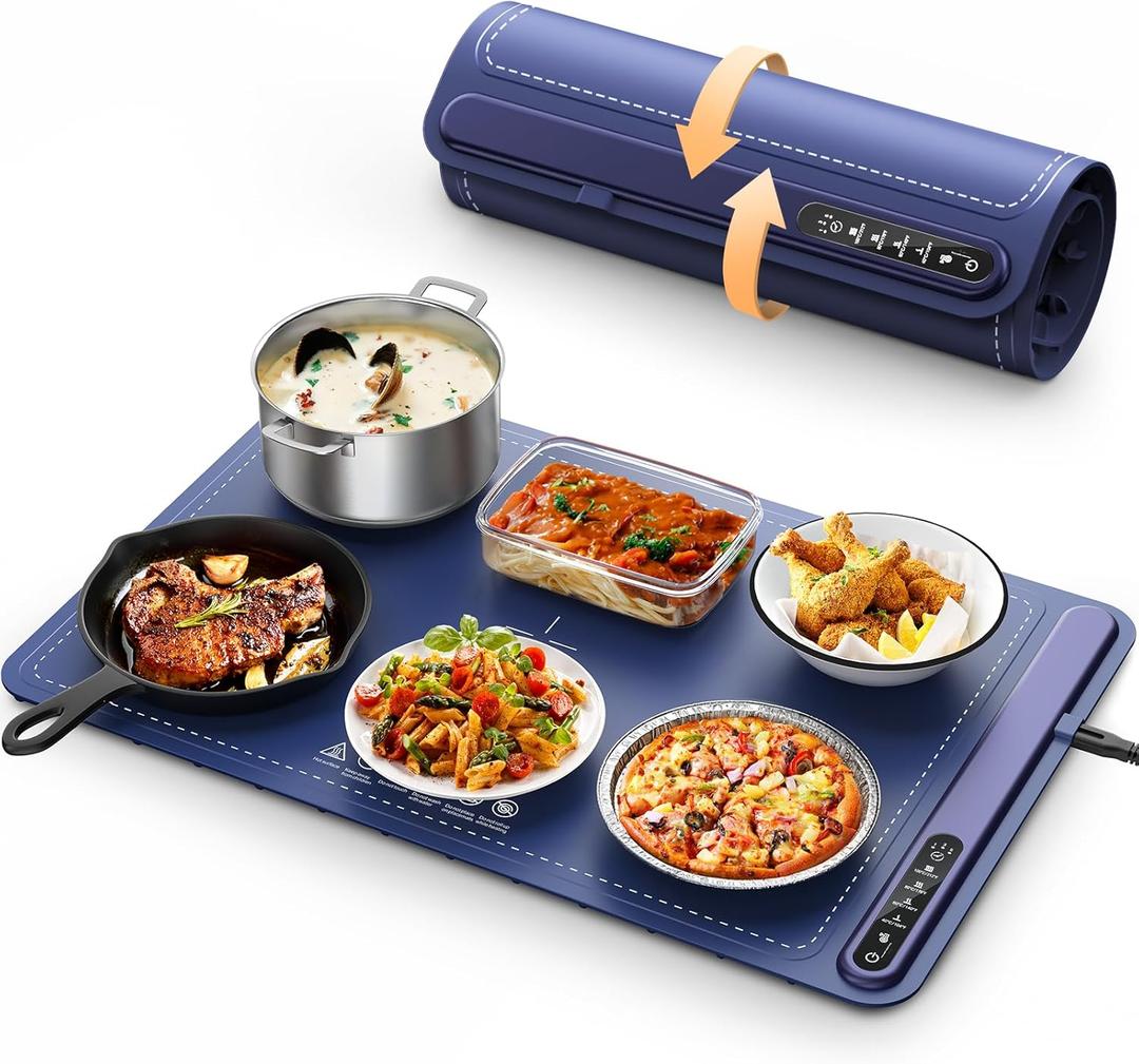Food Warming Mat - Fast Heating Silicone Electric Warming Tray with 4 Level Temperature, Raised Feet Protects Table, Roll Up Buffet Hot Plates Heat Pad, Portable Food Warmer for Parties Home Travel (Blue) Food Warming Mat - Fast Heating Silicone Electric Warming Tray with 4 Level Temperature, Raised Feet Protects Table, Roll Up Buffet Hot Plates Heat Pad, Portable Food Warmer for Parties Home Travel (Blue)