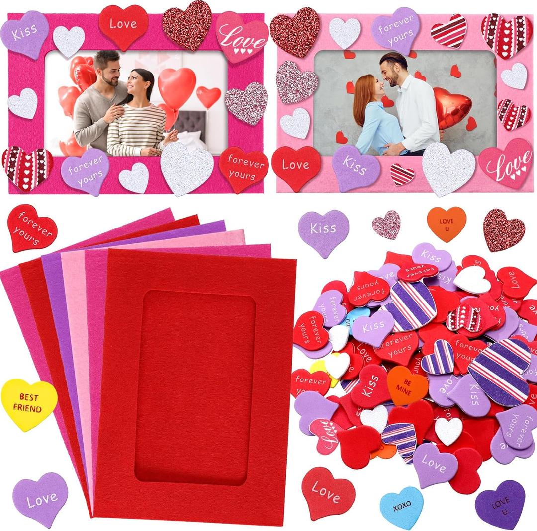 Ferraycle 232 Pieces Valentines DIY Picture Frames Craft Kit 32 Pcs Photo Frames with 200 Pcs Heart Shaped Foam Stickers for Valentines Day, Craft Art, Home Decor(Rectangular Shape)