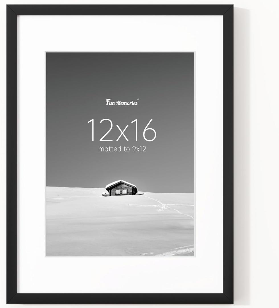 Fun Memories 12x16 Picture Frame, Display Pictures 9x12 with Mat or 12x16 Without Mat, 12 x 16 Frame for Photos, Posters & Art Prints, Gallery Photo Frames for Wall & Tabletop Display, Black, 1 Pack