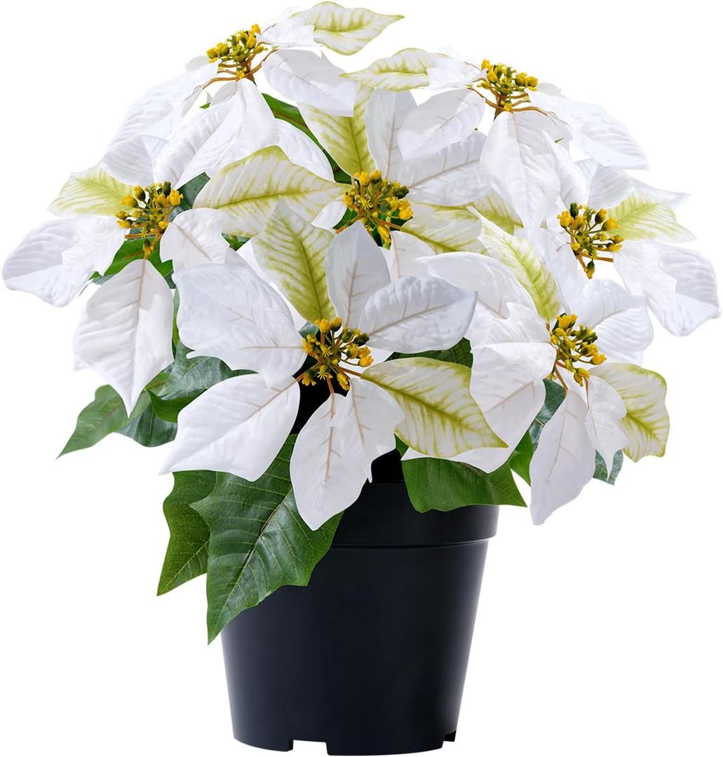 Poinsettia Plants Artificial 9 Heads 14 Inch Fake Poinsettias Christmas Flowers in Pot for Home Porch Office Indoor Outdoor Christmas Winter Decorations White (1PC)