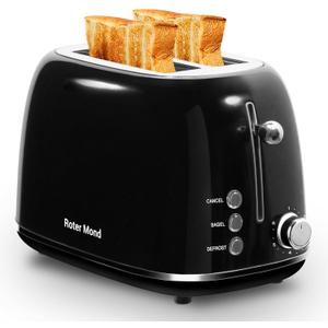 Roter Mond 2 Slice Toaster Retro Stainless Steel with Bagel, Cancel, and Defrost Functions, 6 Bread Shade Settings, Extra Wide Slots and Removable Crumb Tray, Black