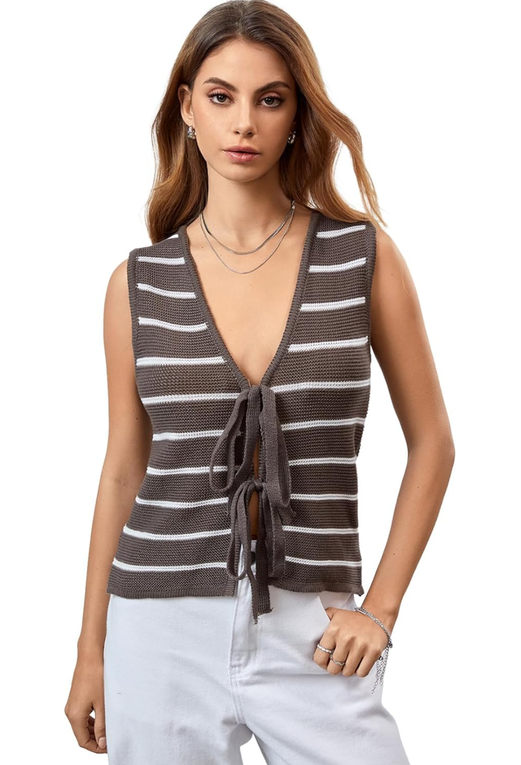 RoseSeek Women's Bow Tie Front Striped Sweater Vest V Neck Sleeveless Knit Vests, S