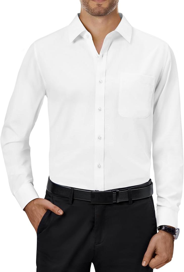 Alimens & Gentle Men's Dress Shirts 4-Way Stretch Long Sleeve Collared Casual Solid Wedding Dating Button Down Shirt (Large, Ivory)