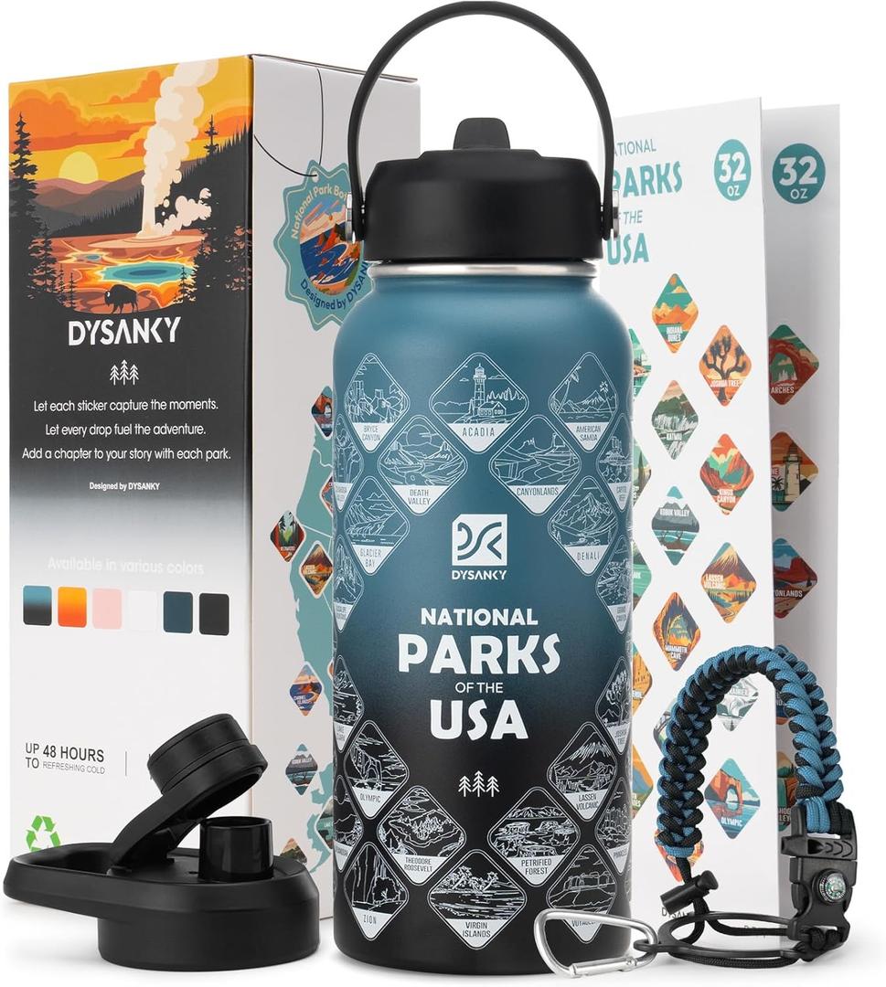 National Parks Water Bottle  32 oz Insulated Stainless Steel Water Jug with 63 Hand-Drawn Park Stickers, Outdoor Accessories & Gift Box  BPA-Free  Ideal for Hiking, Camping & Travel (Indigo/Black)