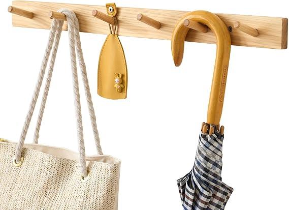 Hickory Wood Coat Rack Wall Mount, 24 Inch Coat Hook Hanger Wooden Wall Coat Rack with 6 Hooks for Purse Clothes Towels Hats in Entryway Bedroom Bathroom, Natural