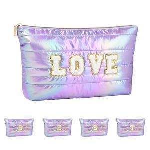 ARISTOTE Personalized Initial Quilted Makeup Bag, Large Cute Cosmetic Bag, Cotton Iridescent Travel Toiletry Organizer Bags, Gifts for Girl Girlfriend Teen Girls Gift Trendy Stuff (LOVE, purple)