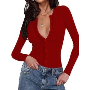 INFITTY Women Bodysuit Sexy Deep V Neck Button Down Long Sleeve Top 2026 Trendy Thong Body Suits Outfits for Going Out (S)