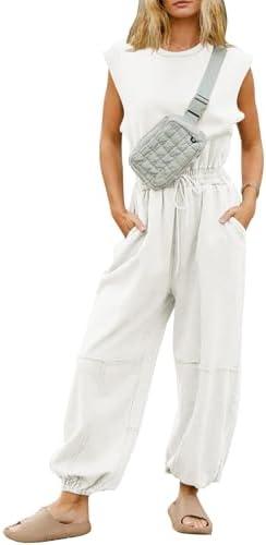 Flygo Womens Casual Jumpsuit Crewneck Cap Sleeve Long Wide Leg Pants One Piece Outfits Drawstring Romper with Pockets, S