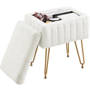 DUMOS Vanity Stool Chair Ottoman with Storage, Makeup Cute Soft Small Footstool Modern Style Faux Fur Seat with 4 Metal Legs & Adjustable Feet for Dressing Living Room Bedroom Dorm, 12.2" x 16" x 18.9"