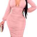 GOBLES Women's Sexy Long Sleeve Deep V Neck Ruched Bodycon Cocktail Party Midi Dress (Pink, M)