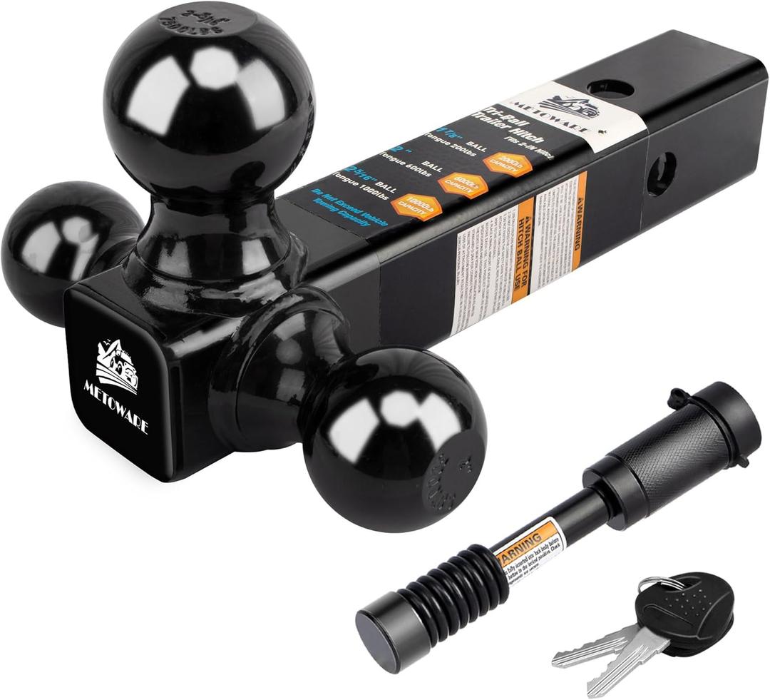 METOWARE Trailer Hitch Tri Ball Mount with 5/8" Hitch Lock, 1-7/8 Inch, 2 Inch and 2-5/16 Inch Tri Ball Hitch Fit 2 Inch Receiver, Hollow Shank Tow Hitch, Black