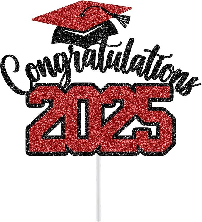 Graduation Cake Topper Class of 2025,Graduation Cake Topper Congratulations 2025 Cake Topper for Graduation Season Cake Arrangement Graduation Party Decorations(
Black and Red Glitter
)