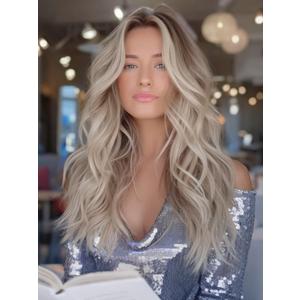 Highlight Ash Blonde Wig 18 Inch Medium Length Wavy Glueless Ombre Mixed Brown Grey Blonde Lace Front Wig Pre Plucked HD 13x4 Synthetic Lace Front Wigs for Women
