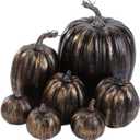 Lizxun 7 Pcs Artificial Pumpkins Halloween Simulated Foam Orange Pumpkin, Harvest Fall Foam Pumpkins for Autumn Thanksgiving Home Party Supplies (7pcs Black Gold-A1)