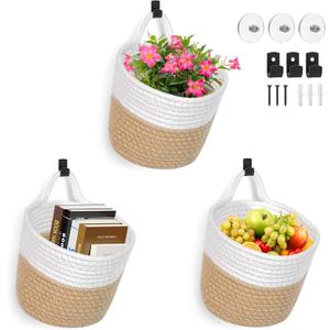 Fabric Wall Hanging Baskets 3 Pack - Woven Storage Organizers with Adhesive Hooks, Boho Style Wall Mounted Pouches for Home Kitchen Door (Large, White & Coffee)
