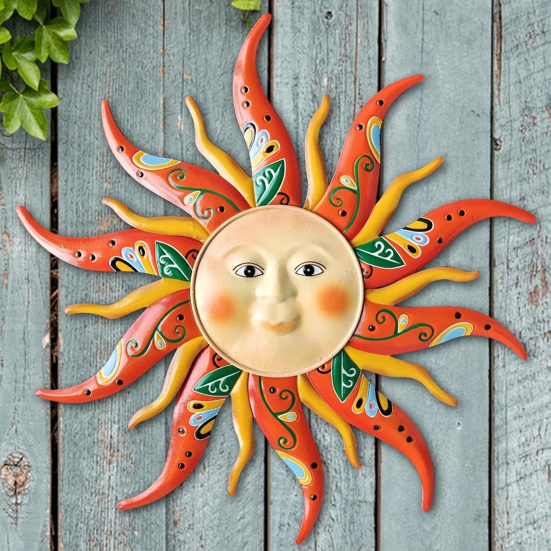 Metal Sun Wall Art Decor,17.3Inches Sun Face Garden Sculptures Statues Wall Art Decorations for Indoor and Outdoor, Room Garden Porch Fence Balcony Patio Decor (Orange)