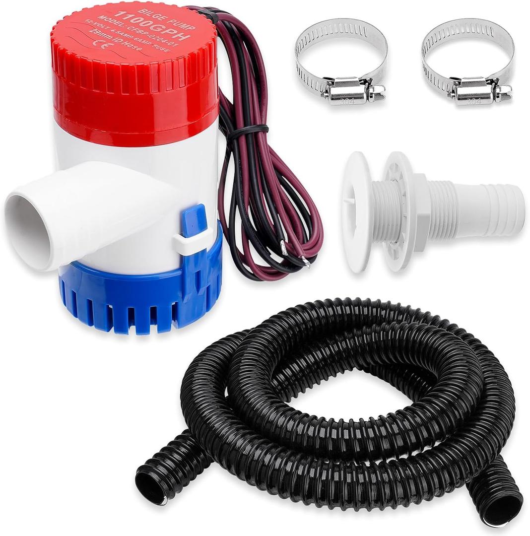 1100 GPH Boat Bilge Water Pump 12V, 1-1/8 Inch Dia Bilge Pump Plumbing Kit with 6FT Hose, 2 Clamps, Thru-Hull Fitting, Ideal for Fishing Boats, Cruisers, Runabouts, Yachts