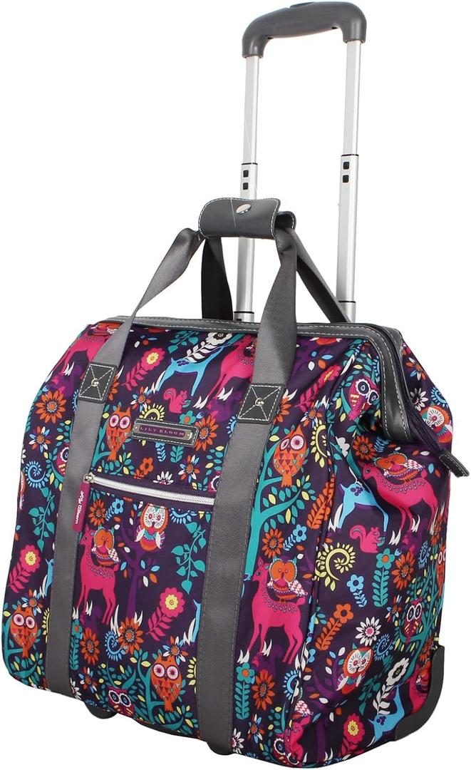 Lily Bloom Designer Under the Seat Tote Cabin Luggage Collection - 15 Inch Patterned Carry on Bag For Women - Lightweight Suitcase with 2 Rolling Wheels (Wildwoods)