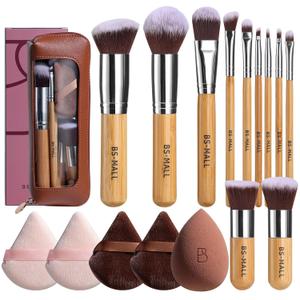 BS-MALL Makeup Brush Set 11Pcs Bamboo Synthetic Kabuki Brush Set Foundation Powder Blending Concealer Eye shadows Blush Cosmetics Brushes with Organizer Bag & Makeup Sponge (Bamboo 17)