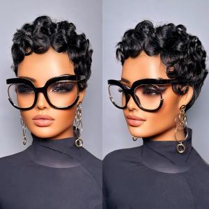 Pixie Cut Wig For Black Women Short Layered Curly Wavy Pixie Cut Human Hair Wigs Brazilian Virgin Human Hair Glueless Women Wigs With Bangs Natural Black Color for Daily Use (1B Curly)