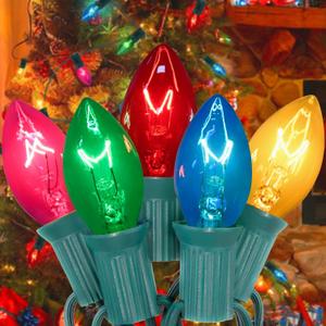 25FT C7 Christmas Lights Outdoor, Clear Multicolor Christmas Lights with 27 Clear Colorful Bulbs (2 Spare), Hanging Vintage Christmas Light for Christmass Day Prom Party Wedding Decor, Green Wire