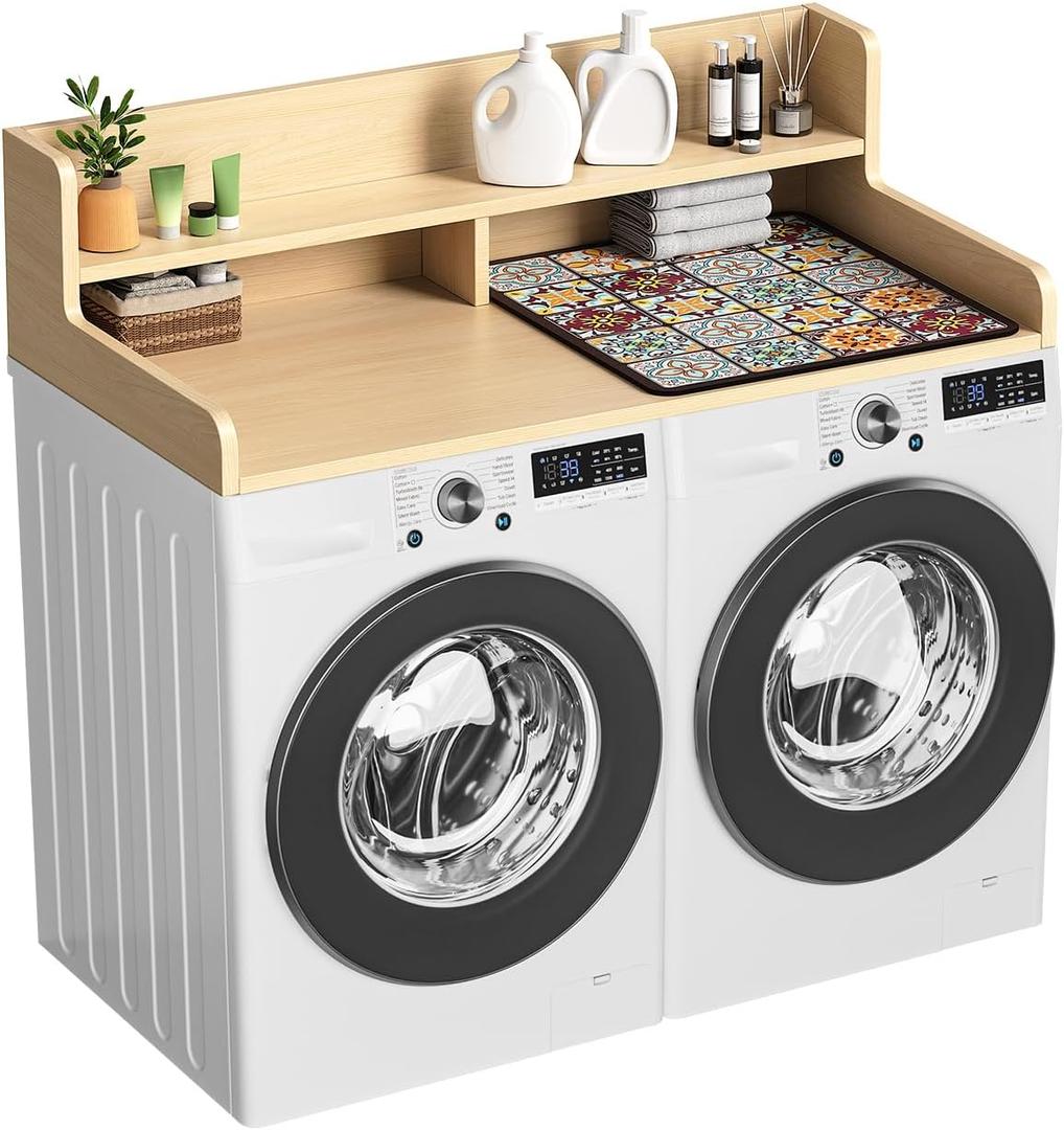 Washer Dryer Countertop with A Non-Slip Absorbent Mat, 27.55" x 54" 2-Tier Storage Rack Countertop for Laundry Room Organization, Washer and Dryer Covers for The Top(Natural)