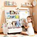 Faesun 4-in-1 Art Easel for Toddlers with Bookshelf and Toy Organizer, Kids Drawing Easel with Paper Roll & Magnetic Whiteboard, Birthday Gift for Ages 28, Boys & Girls