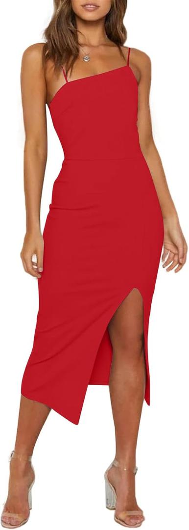 Owin Women's Adjustable Spaghetti Straps Sleeveless High Waist Split Midi Bodycon Cocktail Party Dress (Red, S)