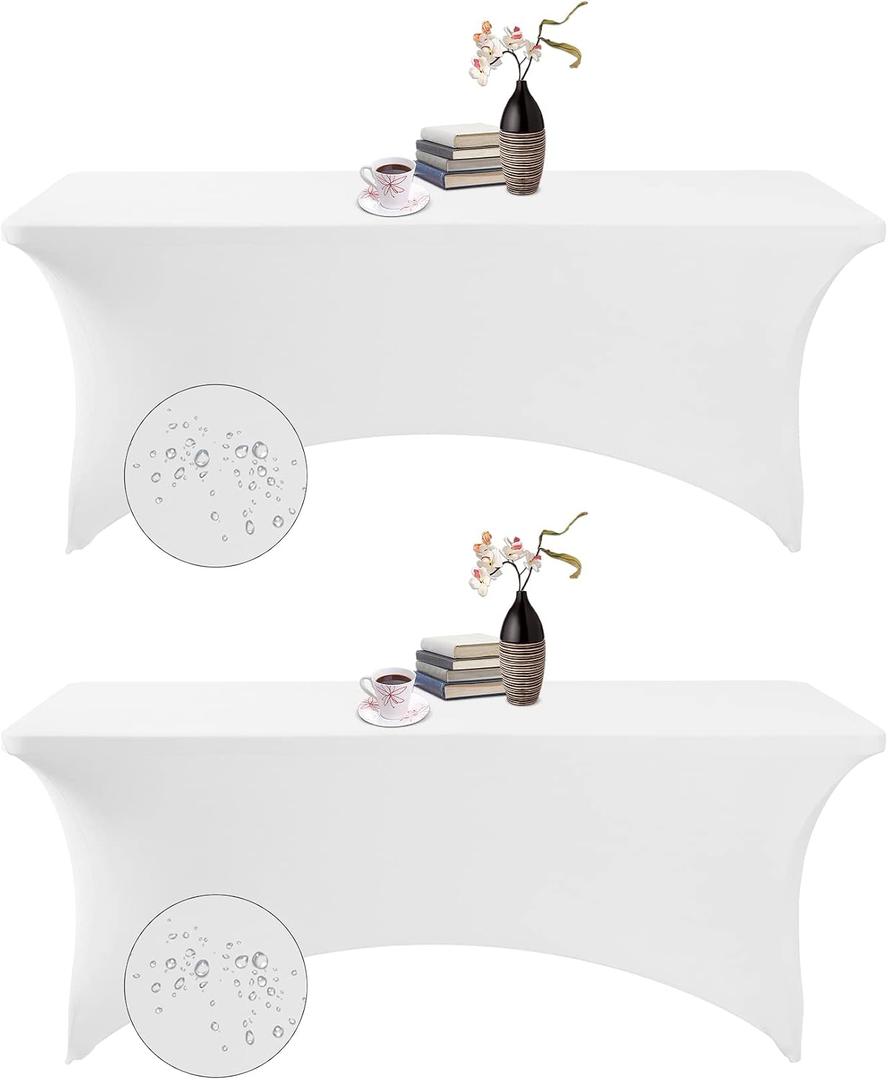 2Pack Spandex Waterproof Table Covers 6ft，Spandex 6ft Waterproof Table Cover for Party, Wedding, Banquet, and Events (White)
