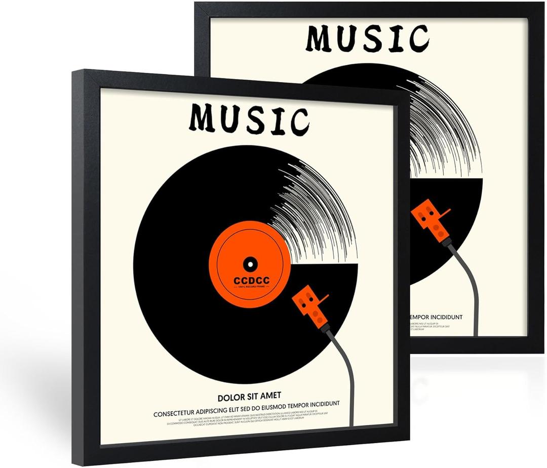 12.6x12.6 Vinyl Record Frame 2 Pack, Black Wooden Album Cover Display Frame with Tempered Glass Cover for Any 12 By 12 Inch Lp Record Cover