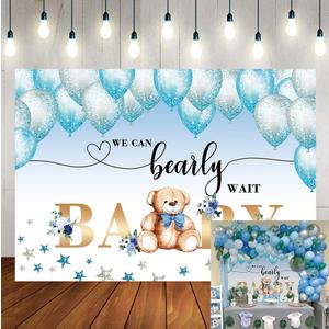 WR Bear Baby Shower Party Backdrop We Can Bearly Wait Watercolor Blue Balloons Star Leaves Background Baby Shower Boy Birthday Party Cake Table Decoration Photo Booth Props 7x5FT