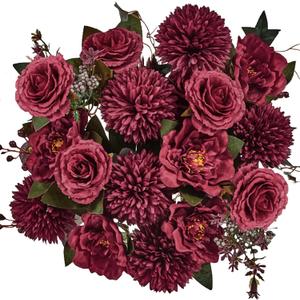 Premium Burgundy Silk Flowers Bouquet, Wine Artificial Floral Arrangements, Dark Red Fake Flower for Wedding Bridal Bouquets, Home Decorations, Baby Shower, Table Centerpieces 8 pack