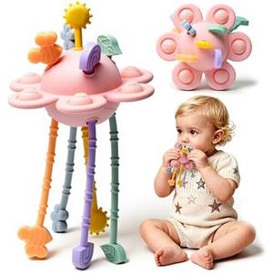 Silicone Baby Sensory Montessori Toys & Pull String Teething Toys for 6-12-18 Months, Toddler Birthday Gift Car Seat Airplane Travel for 1 2 Year Old Boy Girl Infant 8 9 10 Months Old (Pink)