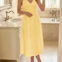 Wenrine Womens Halter V Neck Corset Maxi Dresses Summer Plaid Smocked Tie Back Backless Wedding Guest Drop Waist Dress (Yellow, L)