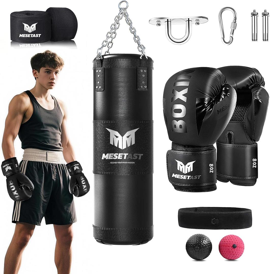 Mesetast Punching Bag for Kids Teenagers, 2.7ft Kids Punching Bag with 8 OZ Boxing Gloves for Youth Boxing MMA Karate Kickboxing - Unfilled